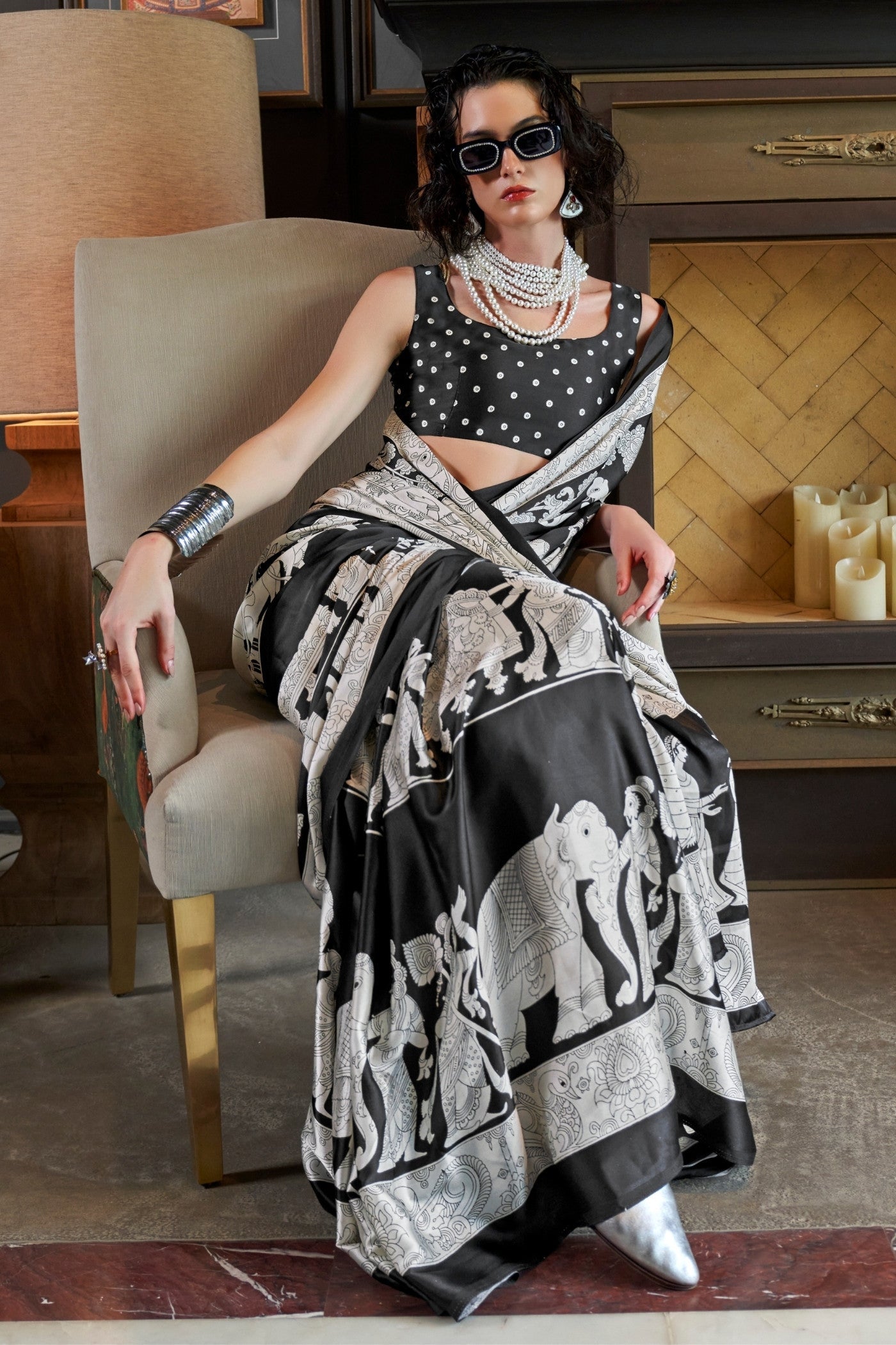 Classic Black and Snow White Patola Ajrakh Patola Printed Satin Crepe Saree