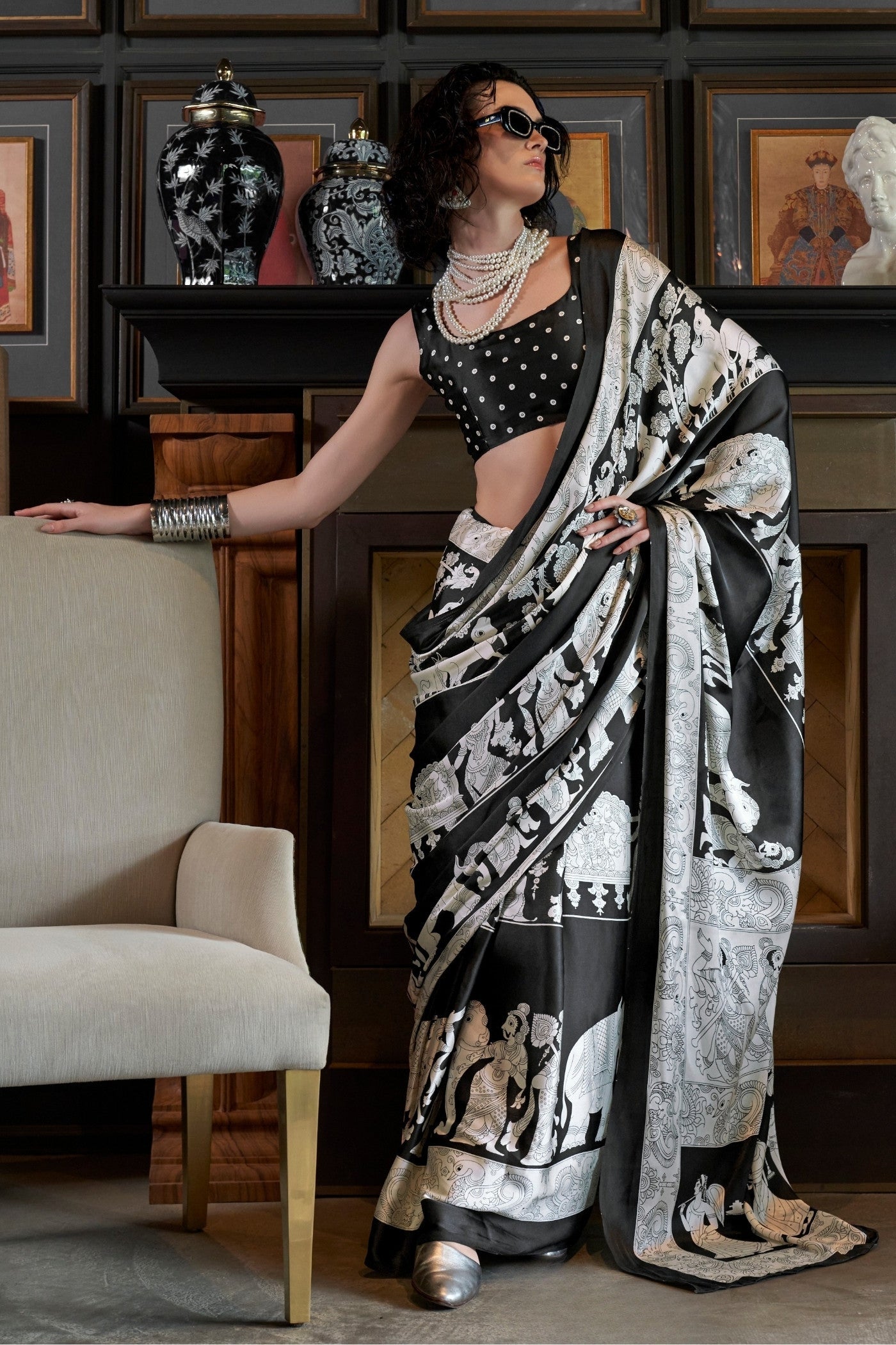 Classic Black and Snow White Patola Ajrakh Patola Printed Satin Crepe Saree