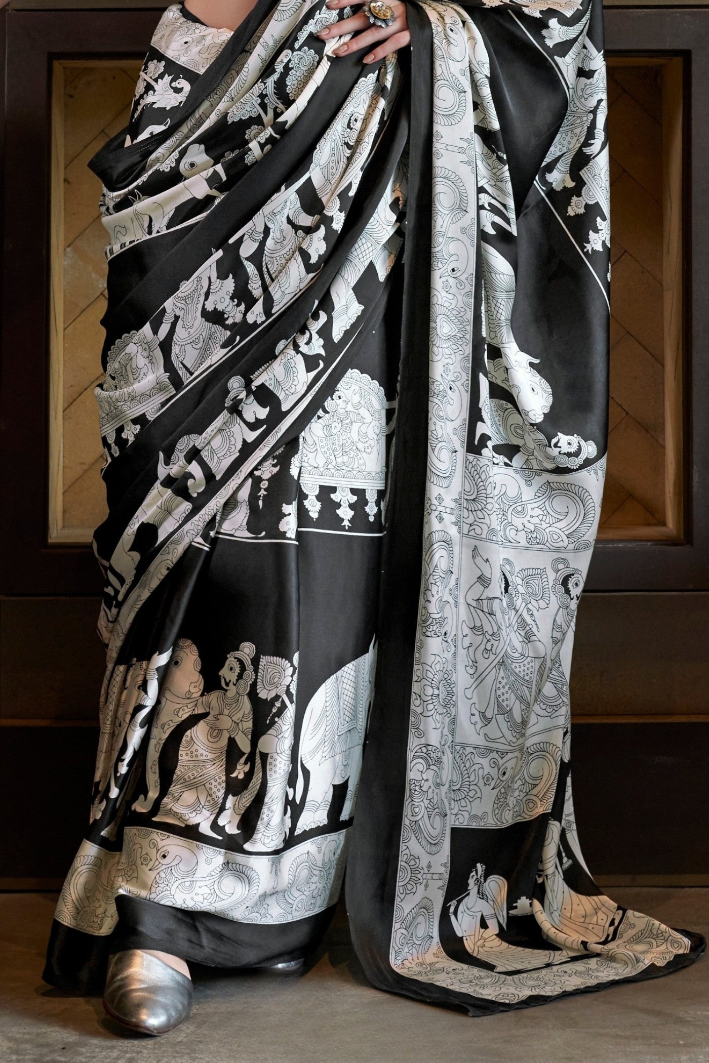 Classic Black and Snow White Patola Ajrakh Patola Printed Satin Crepe Saree