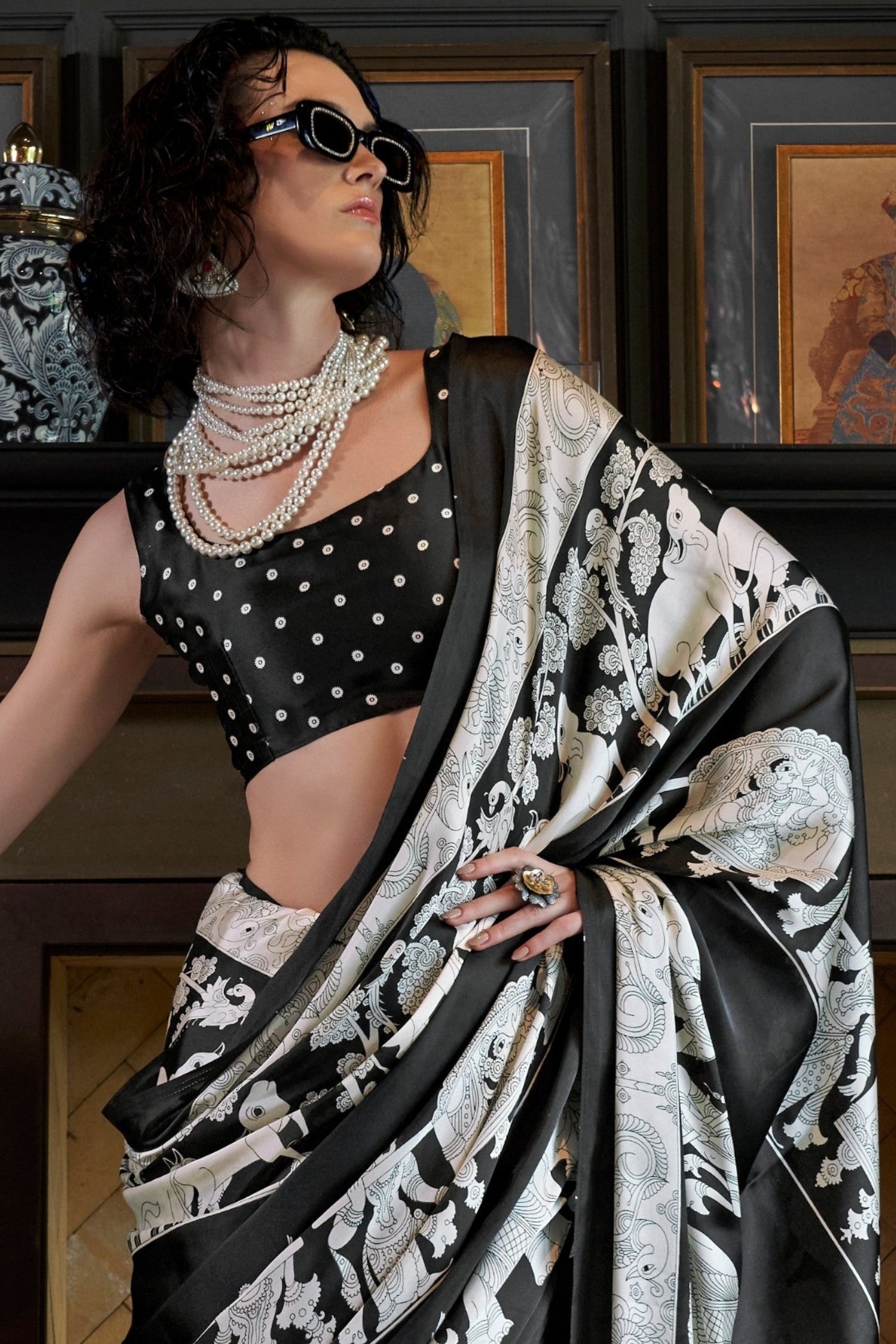 Classic Black and Snow White Patola Ajrakh Patola Printed Satin Crepe Saree