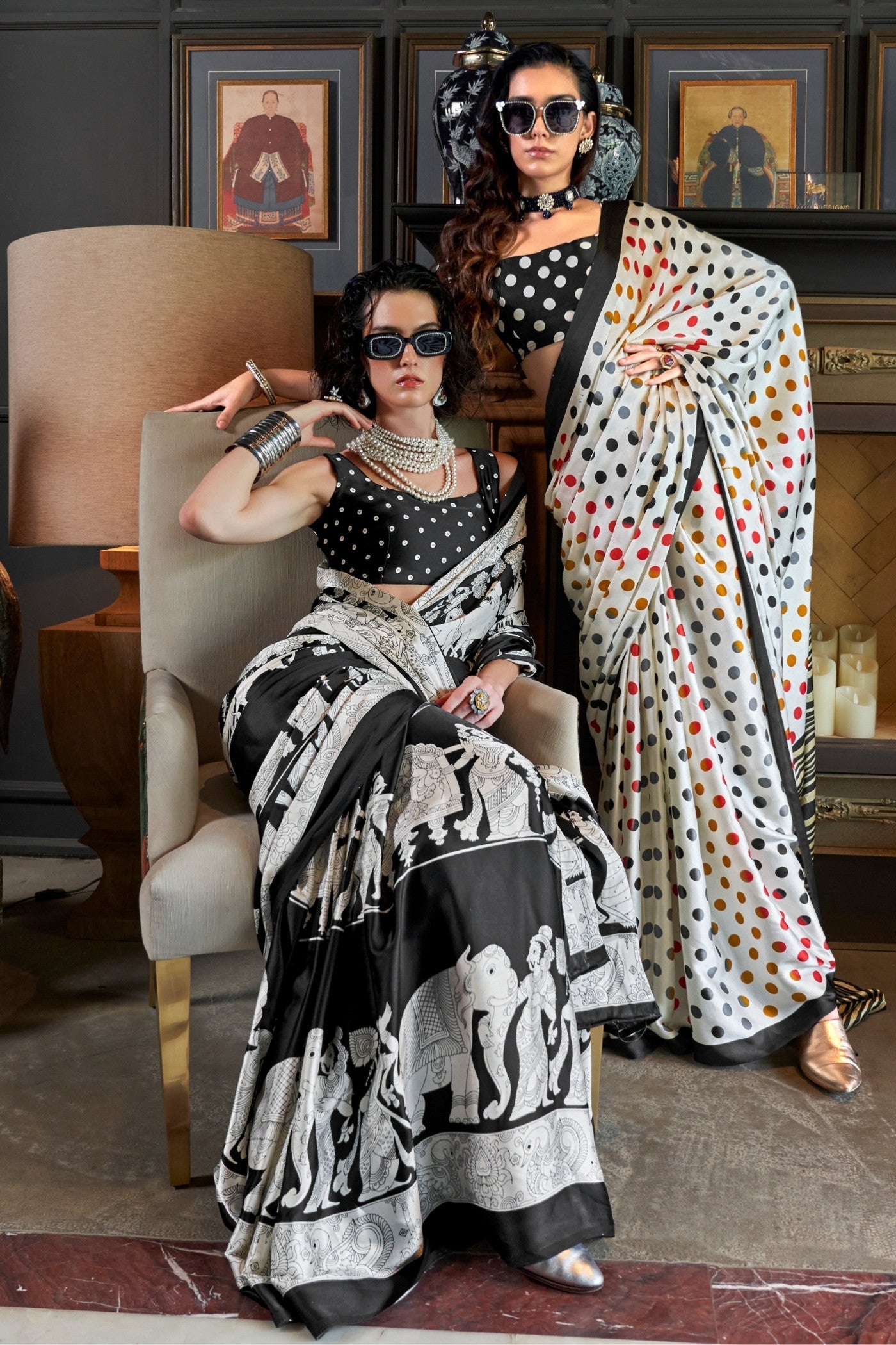 Classic Black and Snow White Patola Ajrakh Patola Printed Satin Crepe Saree