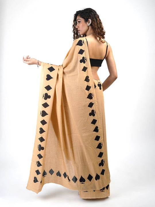Designer Patti Cat Cream Cotton Linen Saree
