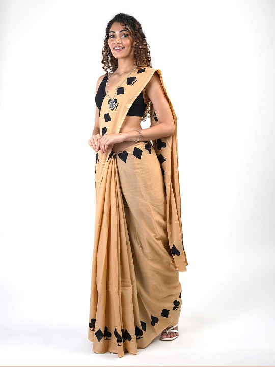 Designer Patti Cat Cream Cotton Linen Saree