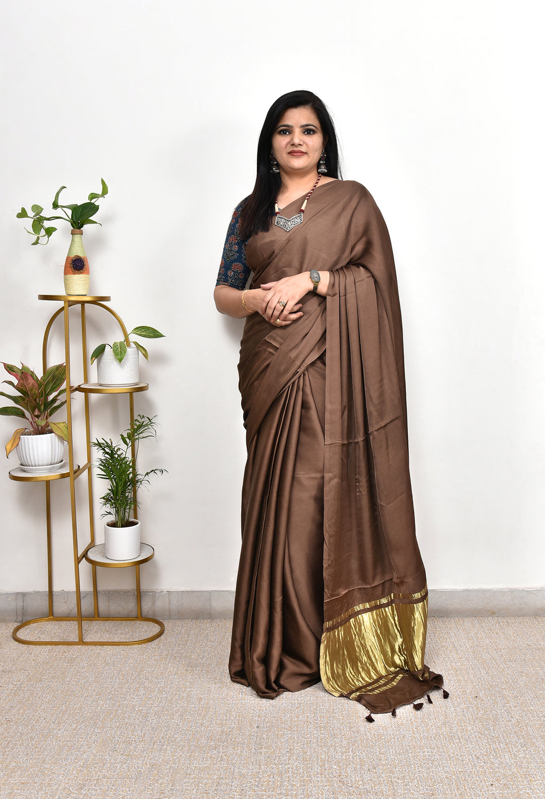 PLAIN MODAL SILK SAREE WITH TISSUE PALLU