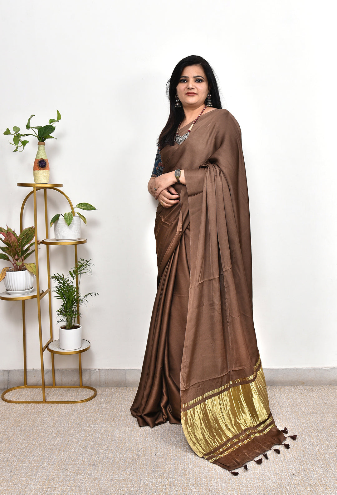 PLAIN MODAL SILK SAREE WITH TISSUE PALLU