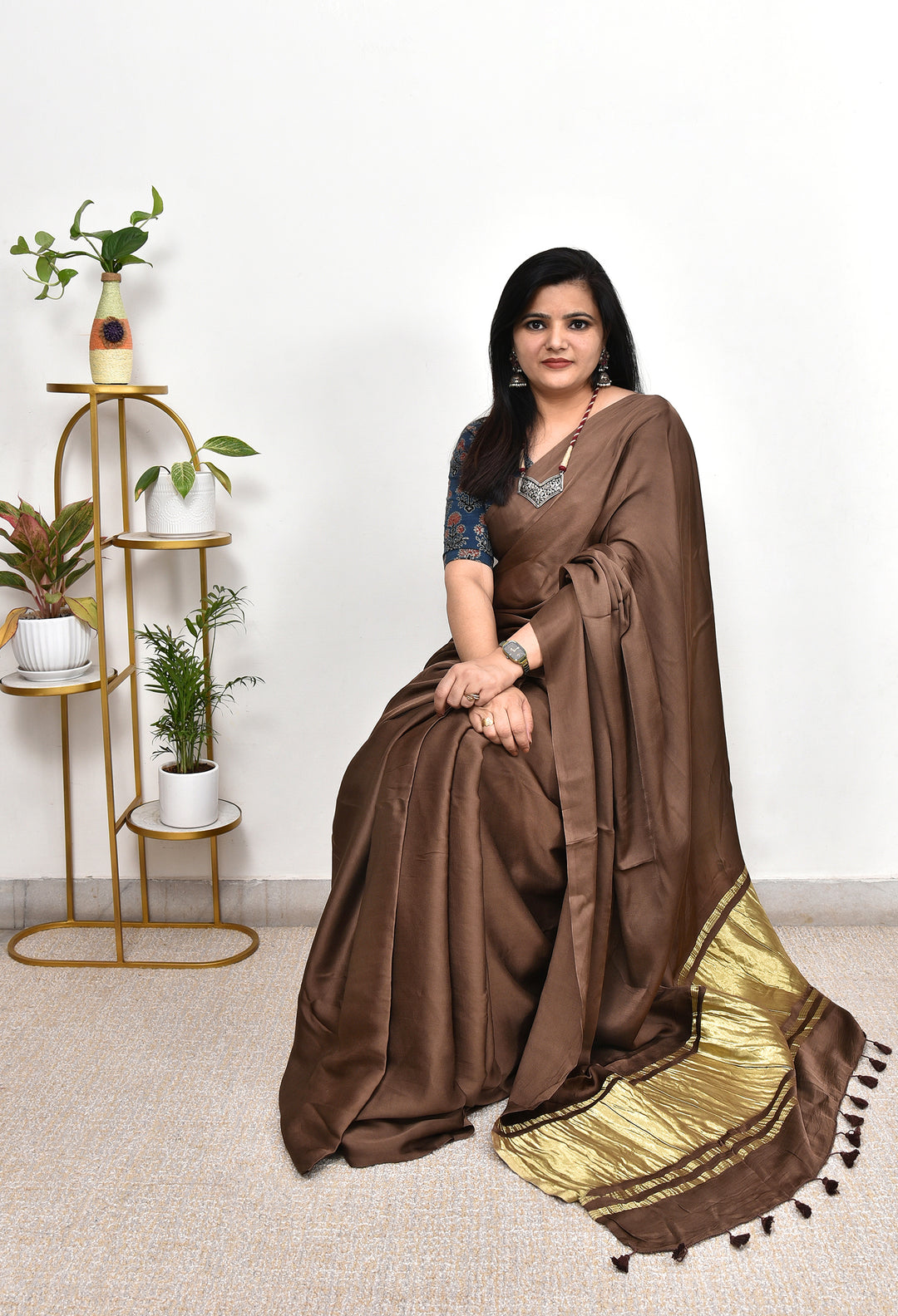 PLAIN MODAL SILK SAREE WITH TISSUE PALLU