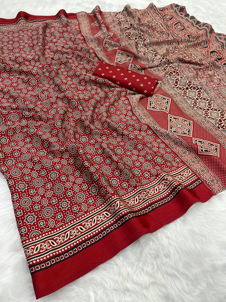Redis Marron Ajrakh Printed Soft Modal Silk Natural Print saree