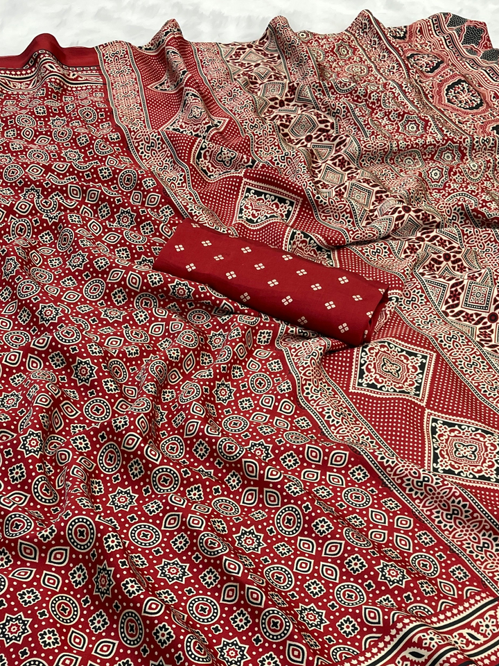 Redis Marron Ajrakh Printed Soft Modal Silk Natural Print saree