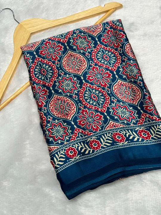 Indigo Morpich Ajrakh Soft Modal Silk Natural Print Saree