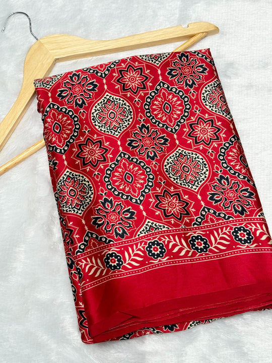 Red Ajrakh Soft Modal Silk Natural Print Saree