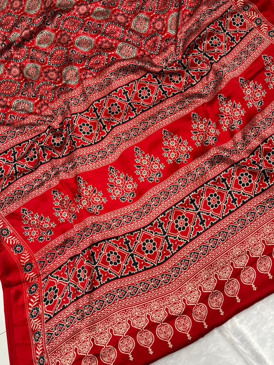 Red Ajrakh Soft Modal Silk Natural Print Saree