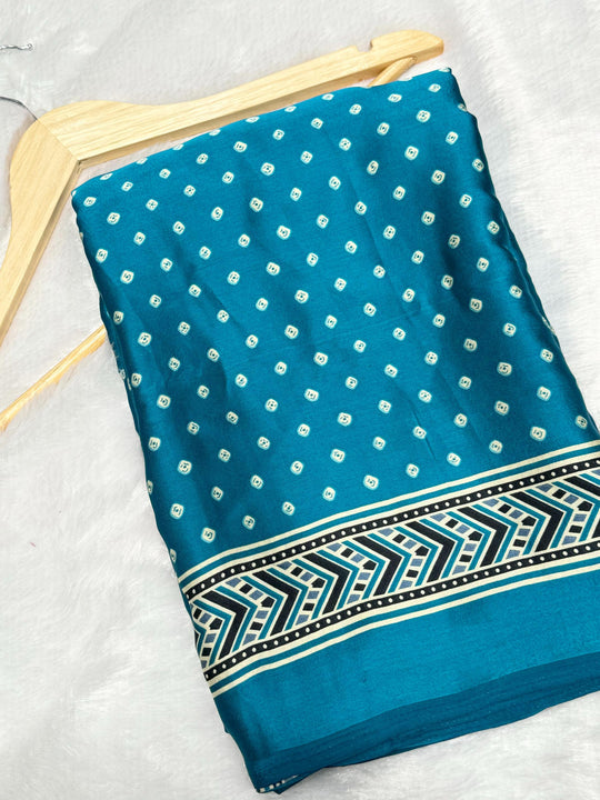 Rama Bandhani With Ajrakh Soft Modal Silk Natural Print Saree