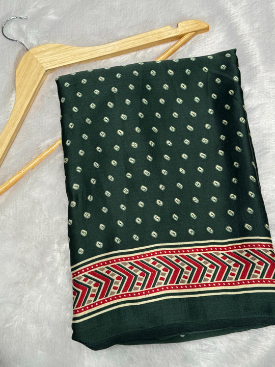 Green Bandhani With Ajrakh Soft Modal Silk Natural Print Saree