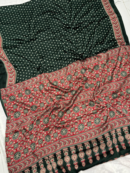 Green Bandhani With Ajrakh Soft Modal Silk Natural Print Saree