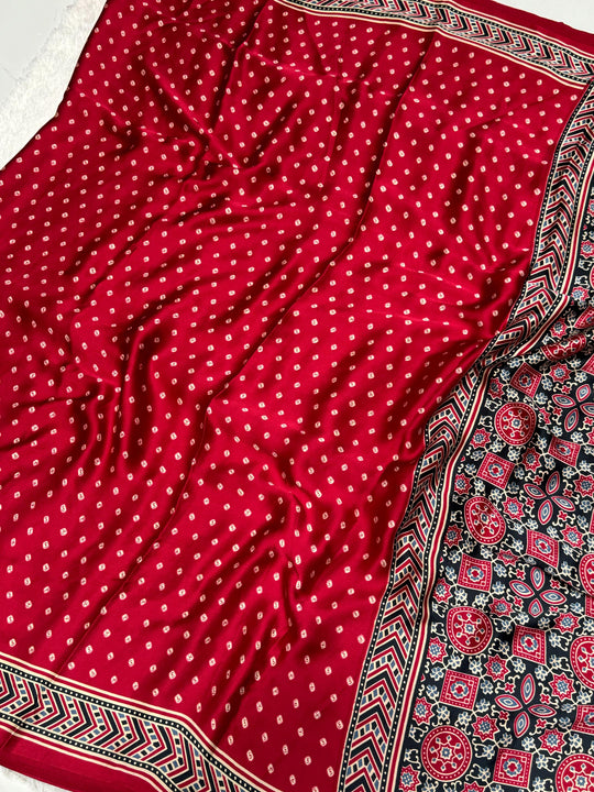 Maroon Bandhani With Ajrakh Soft Modal Silk Natural Print Saree