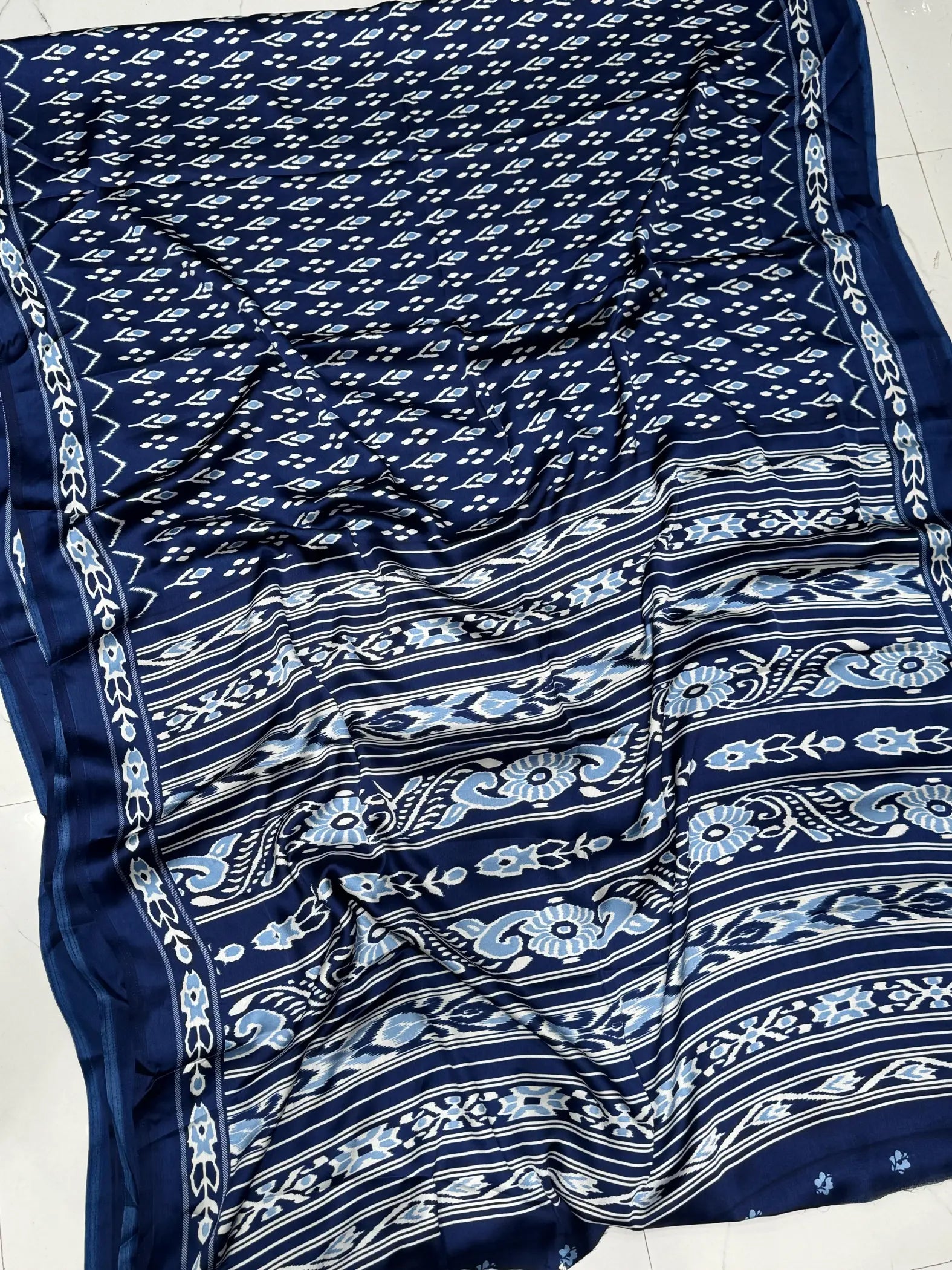 Soft Blue Ajrakh Patola Printed Satin Crepe Saree