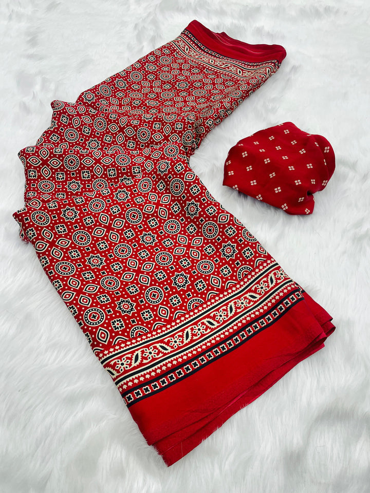 Redis Marron Ajrakh Printed Soft Modal Silk Natural Print saree