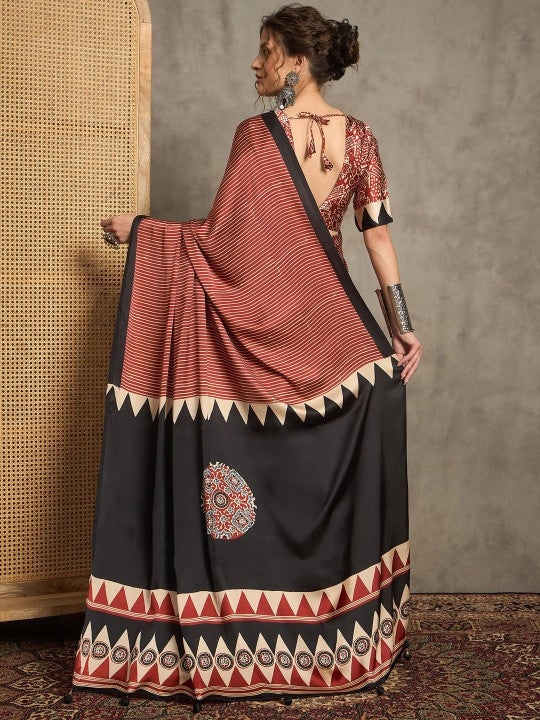 Ajrak Crepe Block Print Sarees